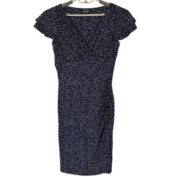 Lauren Ralph Lauren faux wrap dress v-neck flutter sleeve 10 navy blue print - Picture 1 of 10